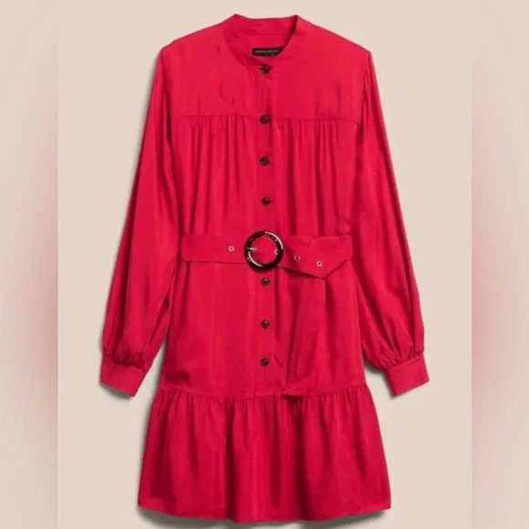 NWT! BANANA REPUBLIC RED SUNSET FLOUNCE HEM MINI DRESS - Size LARGE 💛 - Picture 3 of 4